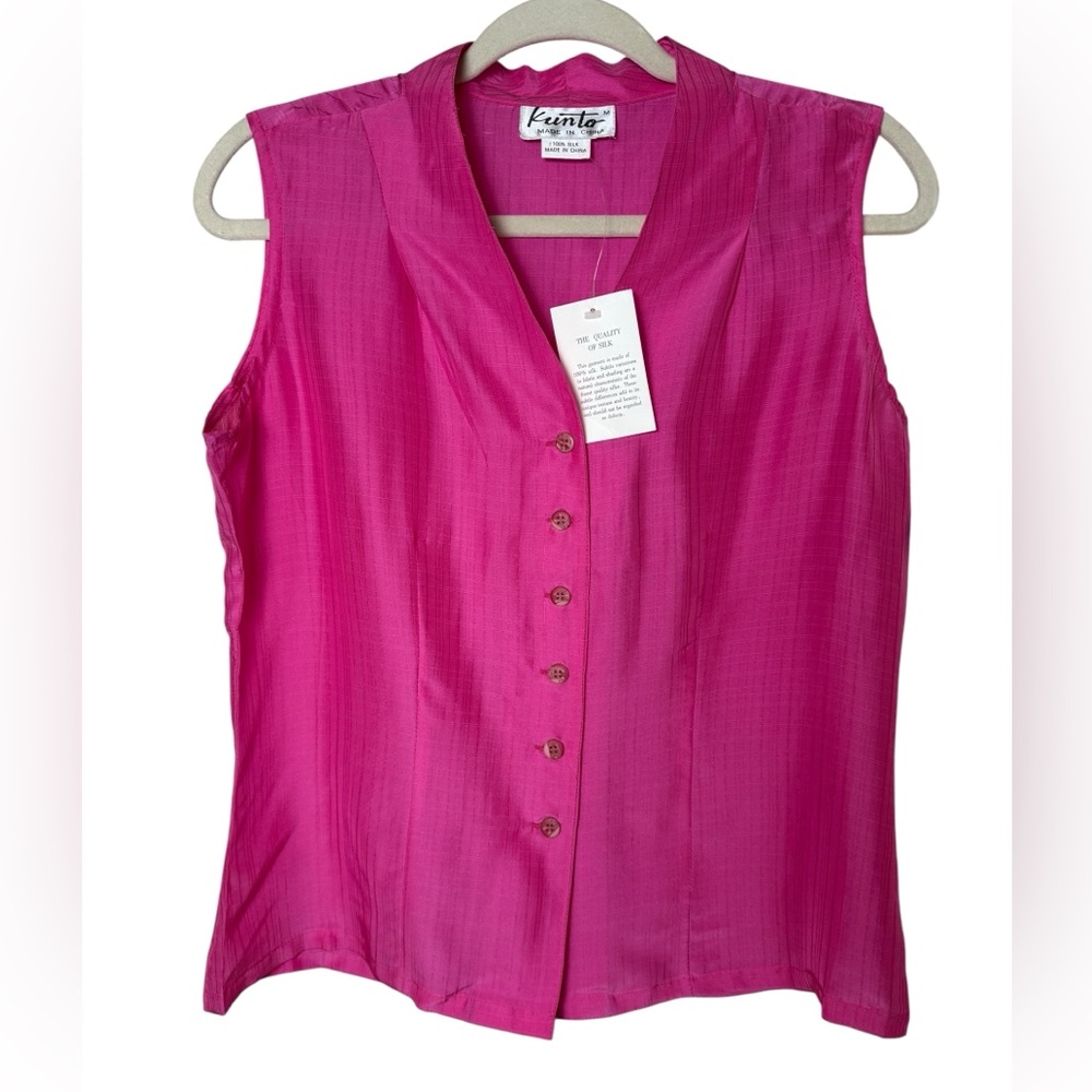 NWT Kunto 100% SILK Vibrant Pink Sleeveless Button Down Shirt